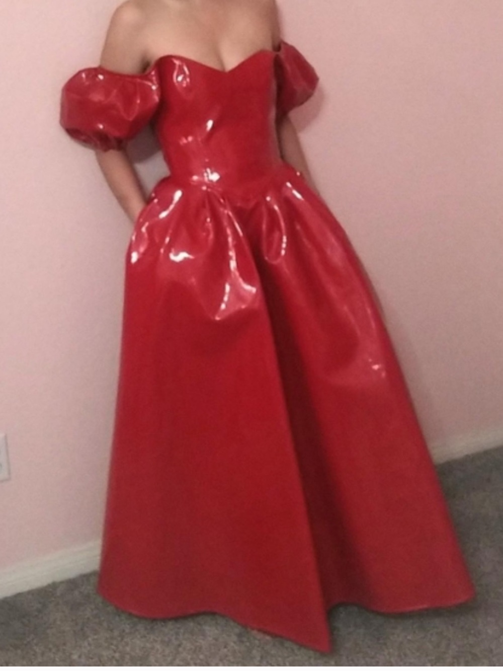 Fashion Brand Company Red Strapless Vinyl Ball Gown with Puff Sleeves